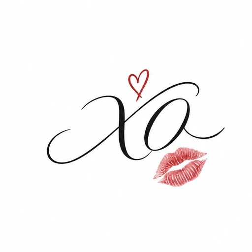 Calligraphic XO tattoo with red heart and kiss mark