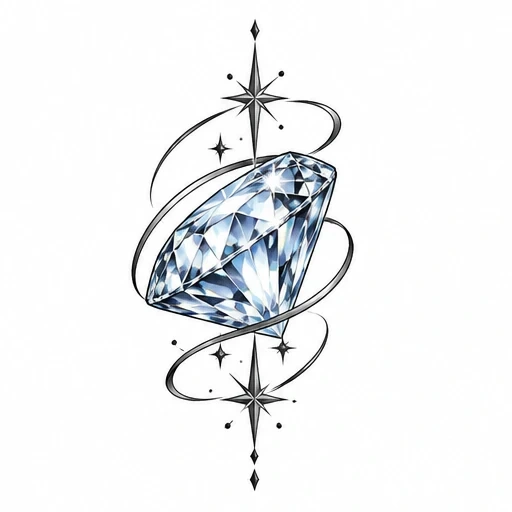 Blue diamond with swirling black lines and star sparkles tattoo design