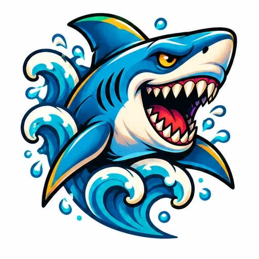 Cartoon-style shark with open mouth and sharp teeth emerging from blue ocean waves with water splashes