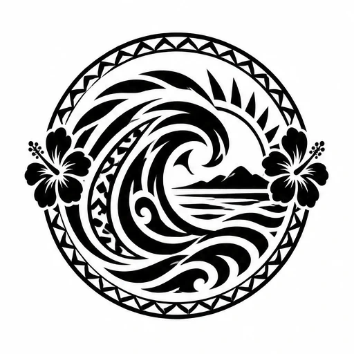 Circular black tattoo design with Hawaiian wave, sun, mountains, and hibiscus flowers in bold lines