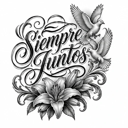 Black and gray tattoo design with 'Siempre Juntos' script, two doves in flight, and lilies with swirling ornamental accents.