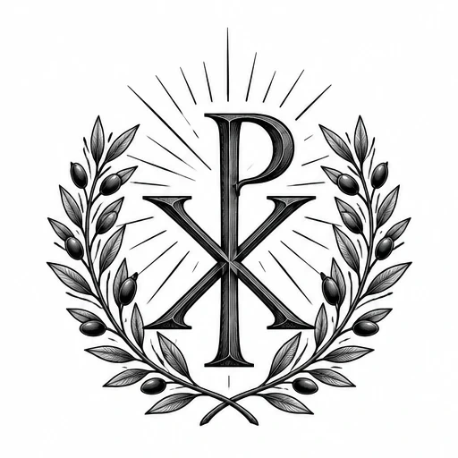 Chi Rho symbol with olive branches and radiant lines in black ink