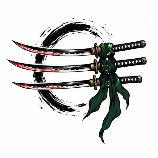 Three blood-stained katanas tied with green cloth over a black ink brush circle