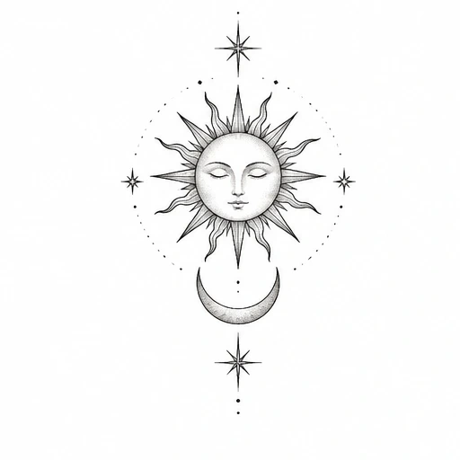 Fine line tattoo design of sun with a face, crescent moon, and stars in black ink.