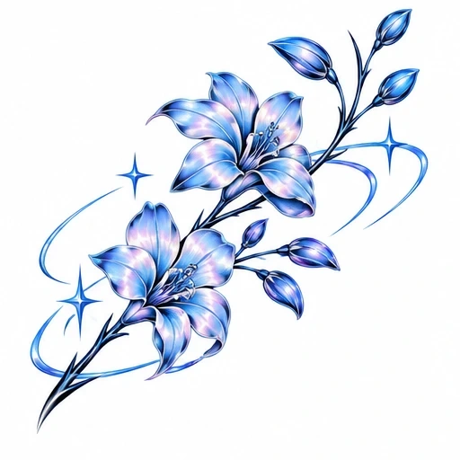 Blue lilies with pink tones and buds on curved stem surrounded by blue sparkles and accents
