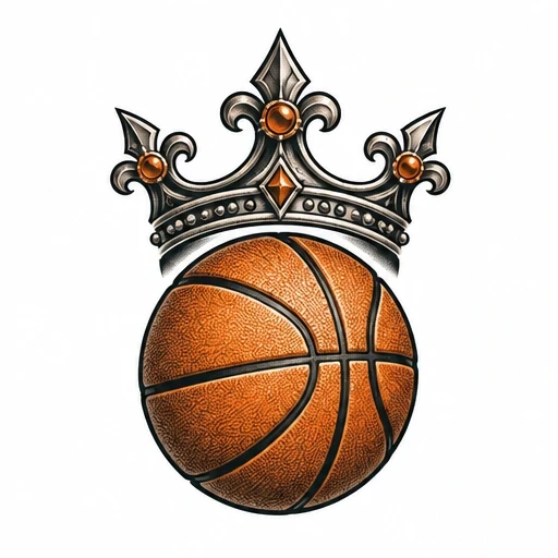 Tattoo design of an orange basketball with detailed texture wearing a silver crown with gold jewels