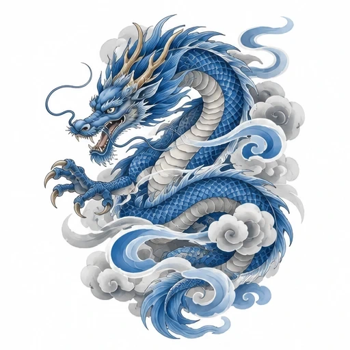 Blue Japanese dragon surrounded by gray and blue swirling clouds, detailed scales and fierce expression