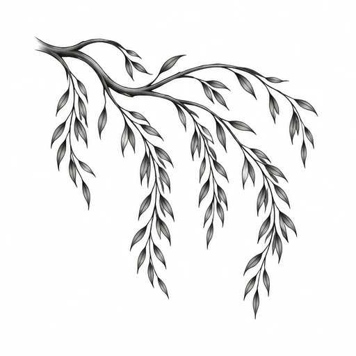 Willow tree branch with slender leaves hanging down in black ink tattoo design