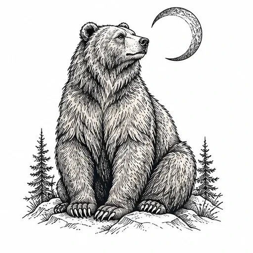 Black and gray tattoo drawing of a sitting bear under a crescent moon with pine trees and rocky ground.