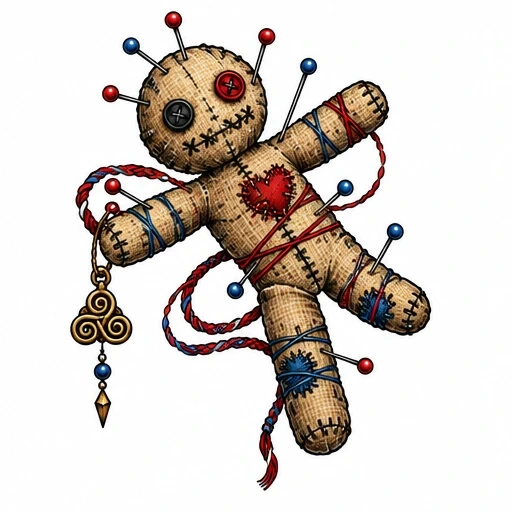 Voodoo doll made of burlap with colorful pins, stitched heart, braided string, and hanging charm