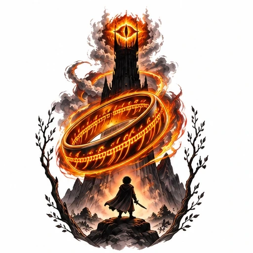 Tattoo art of a dark tower with a flaming eye, a glowing One Ring around it, and a figure standing on rocks below, framed by branches.