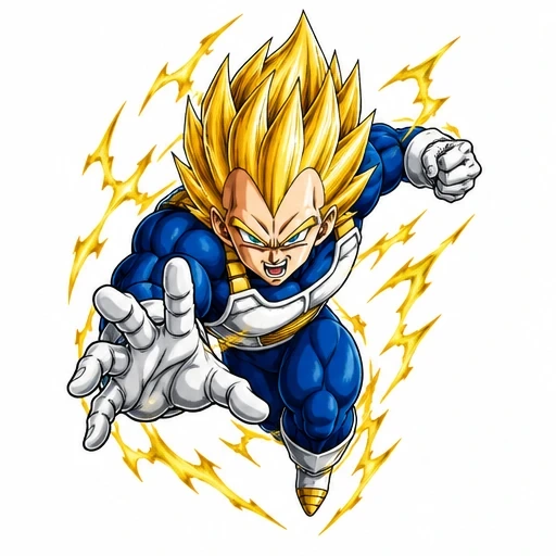 Super Saiyan Vegeta in blue armor charging forward with glowing yellow energy sparks around him