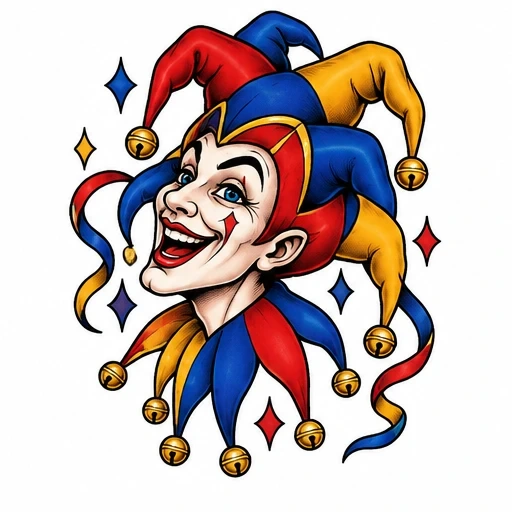 Tattoo design of a smiling jester head with red, blue, and yellow hat and bells, surrounded by colorful diamond shapes.