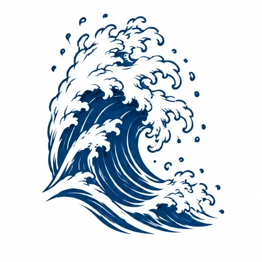 Navy blue ocean wave with curling foam and splashes in artistic tattoo style