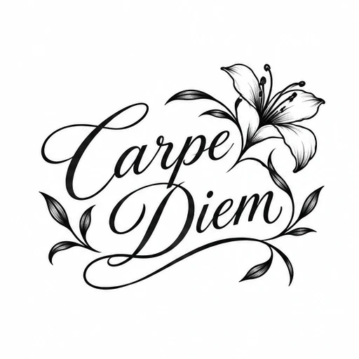 Black script tattoo reading Carpe Diem with lily flower and leaves