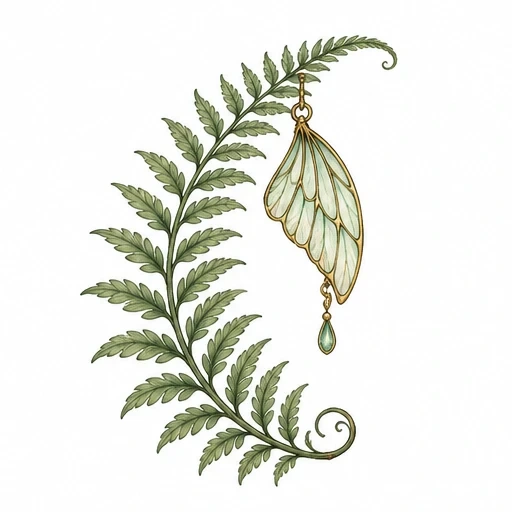 Line art tattoo of a curved green fern branch with detailed leaflets and a hanging translucent fairy wing pendant outlined in gold with a teardrop gem.