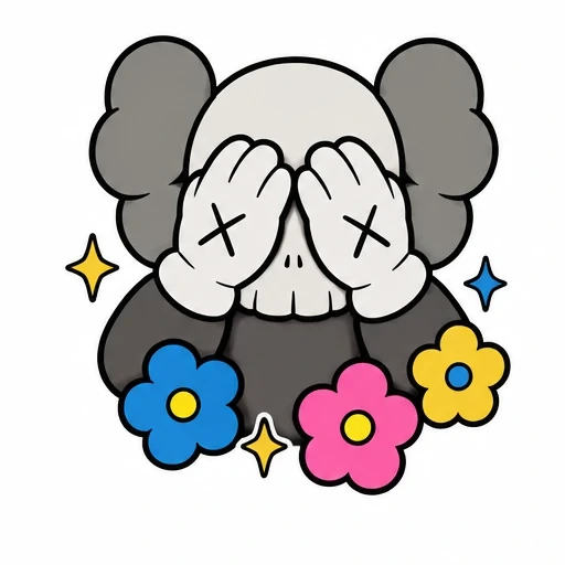 Illustration of a KAWS-style character covering eyes with gloved hands surrounded by colorful flowers and sparkles.