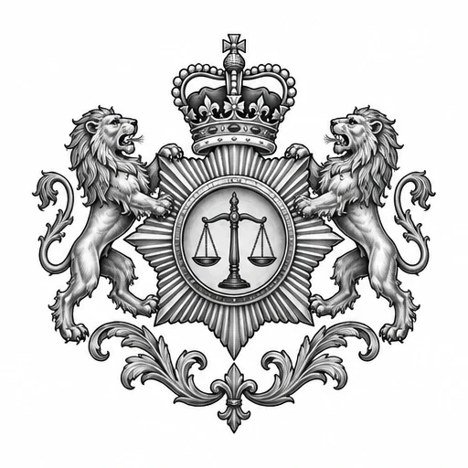 Heraldic tattoo design with lions, scales of justice, crown, and ornamental flourishes in black and grey.