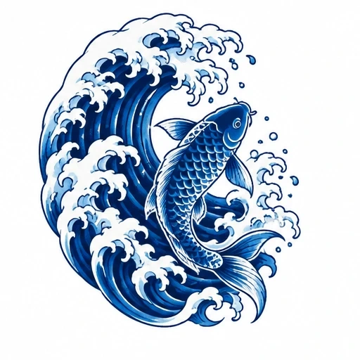 Blue koi fish swimming with Japanese styled wave in various blues and white foam.