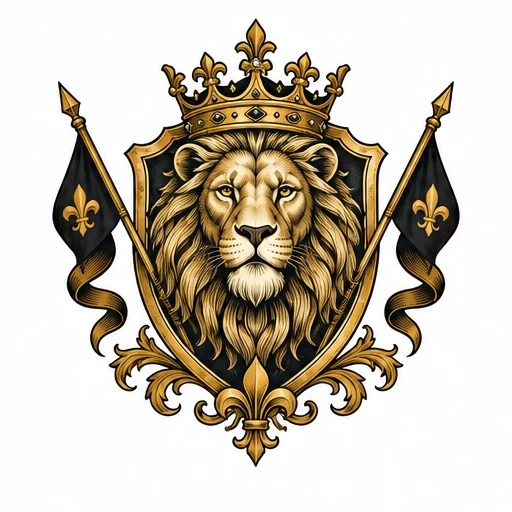 Lion head in crown on shield flanked by black flags with fleur-de-lis