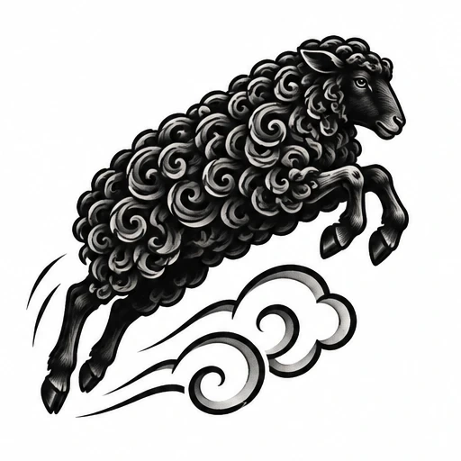 Black sheep tattoo design, mid-leap with swirling wool and wind effects