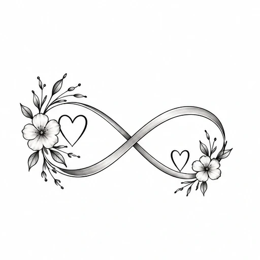 Black and grey infinity tattoo with flowers and two outlined hearts