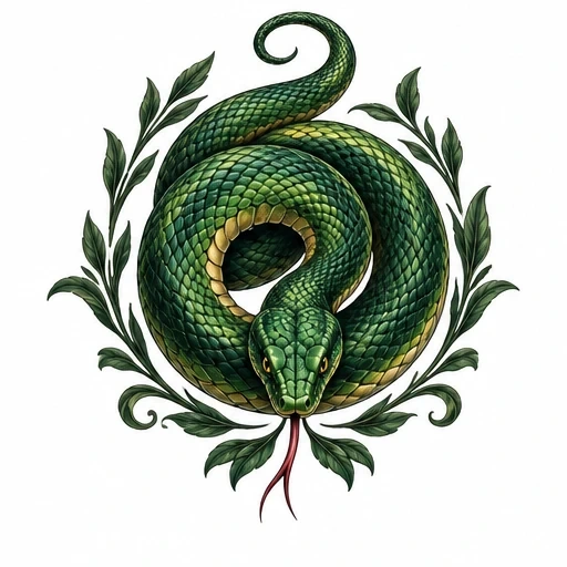 Green serpent coiled in a circle with leafy flourishes around it, tongue extended