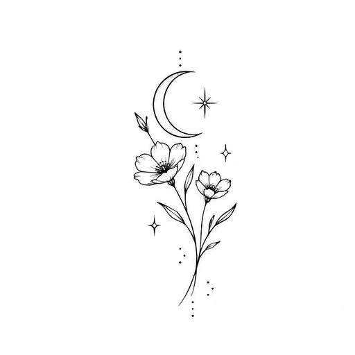 Fine line tattoo design of two wildflowers with crescent moon and stars