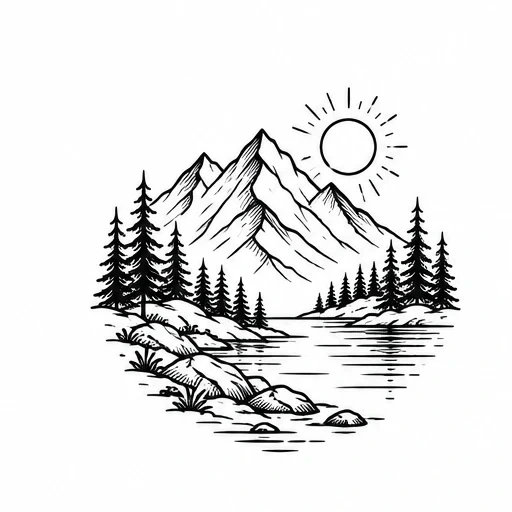 Black line tattoo design of mountains, pine trees, sun, and lake