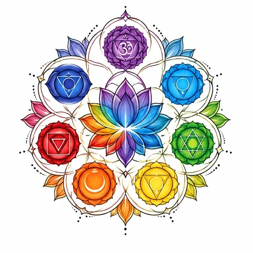 Colorful chakra mandala with lotus petals and geometric symbols representing each chakra center.