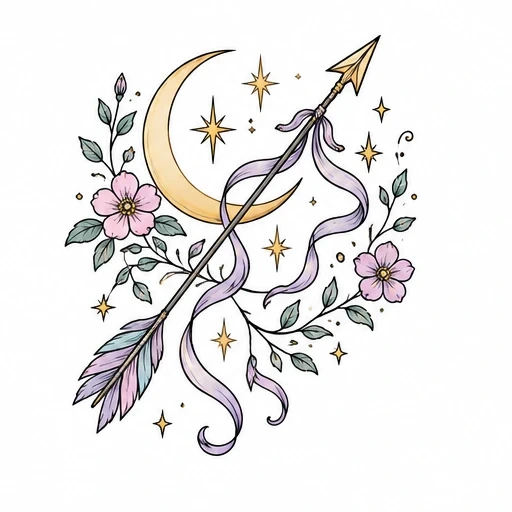 Tattoo design of a crescent moon, arrow with ribbons, pink flowers, green leaves, and golden stars.