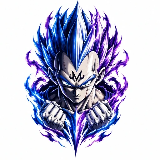 Majin Vegeta character portrait split in blue and purple aura flames with clenched fists