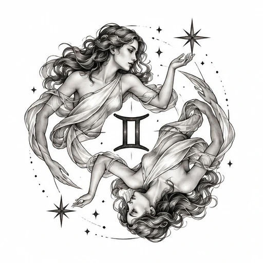 Black and white illustration of two intertwined female figures representing Gemini, surrounded by stars and zodiac symbol