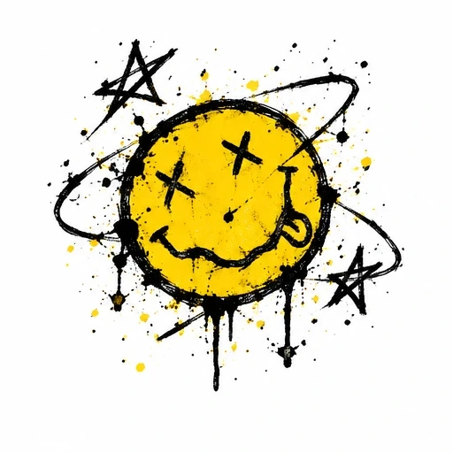Grunge yellow smiley face with X eyes, tongue out, orbiting black stars and paint splatter