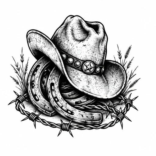 Black and white tattoo design of a cowboy hat on horseshoes with barbed wire and grass