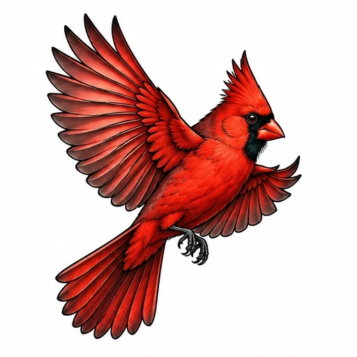 Illustration of a red cardinal bird with wings spread in mid-flight