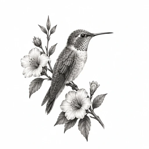 Black and grey micro realism tattoo of a hummingbird perched on floral branches with detailed petals and leaves