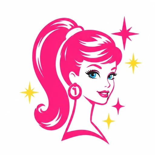 Barbie-inspired portrait with pink ponytail, blue eyes, and colorful sparkle shapes