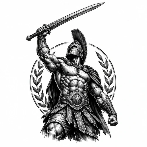 Black and white tattoo of a muscular Spartan warrior raising sword, wearing a plume helmet and armor, framed by a laurel wreath.
