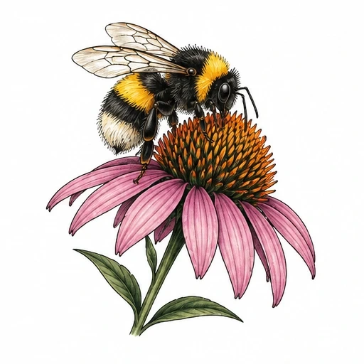 Detailed illustration of a bumble bee on a pink coneflower with orange center and green leaves