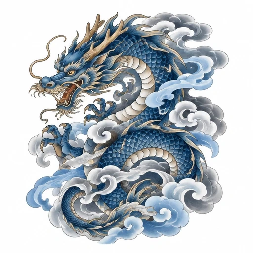Blue Japanese dragon coiled among stylized swirling clouds in traditional tattoo art style.