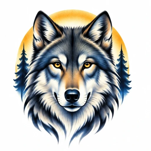 Airbrush tattoo of a realistic wolf head with golden eyes, orange halo, and pine trees