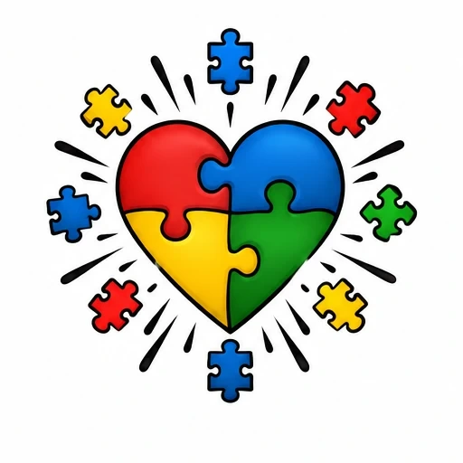 Heart formed by four colorful interlocking puzzle pieces with scattered puzzle pieces and black rays around it
