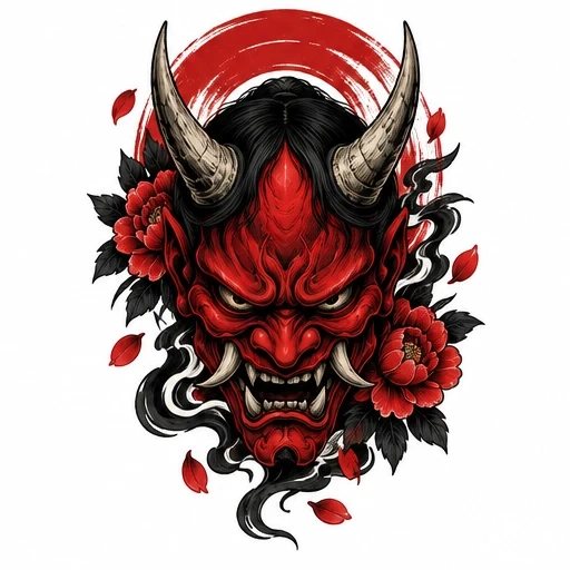 Red oni mask with black hair, two horns, yellow eyes, surrounded by red peonies, black smoke, and a red circular background.