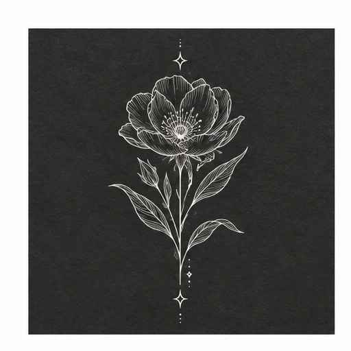 White fine line floral tattoo with a central blooming flower, leaves, buds, and symmetrical star accents on dark background.