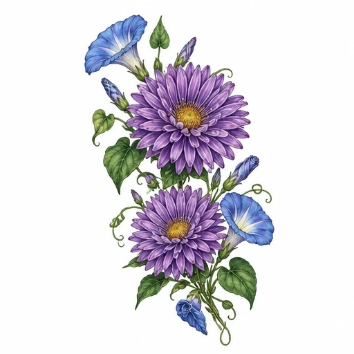 Tattoo design of two purple asters with yellow centers, surrounded by blue morning glory flowers and green leaves