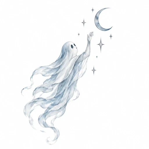 Ghost with flowing robes reaching up to crescent moon and stars in soft blue-gray tones