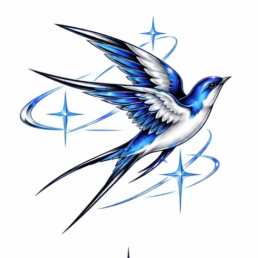 Blue and white swallow tattoo design with flying wings and sparkling stars