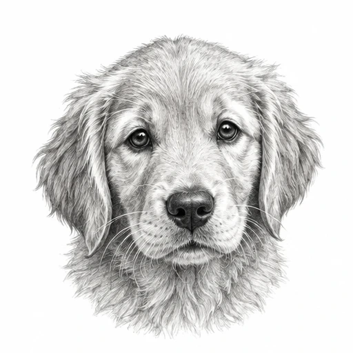 Black and grey tattoo of a Golden Retriever puppy's face with detailed fur and expressive eyes