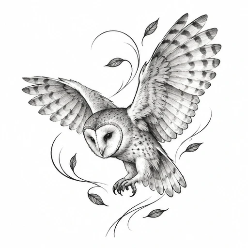 Black and grey detailed barn owl flying with wings spread and swirling leaves around it.